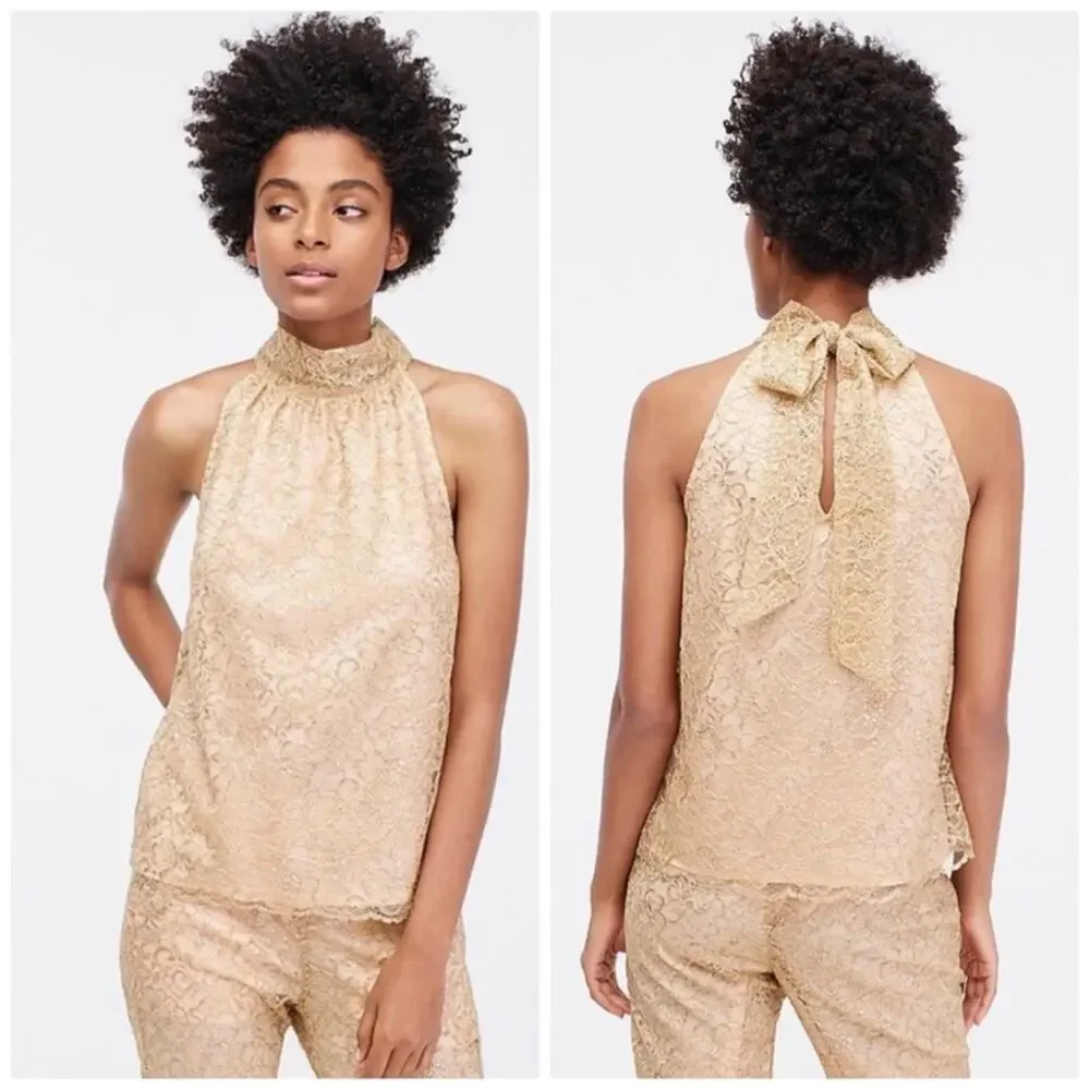 J.Crew Women's Tie Neck Top In Metallic‎ Lace AG852 NWT Size XS